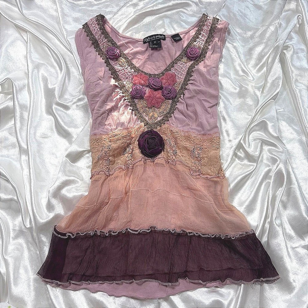 y2k Sylvie & Mado Top Pink Excellent Silk Blend Rosette Lace Tiered Fairycore